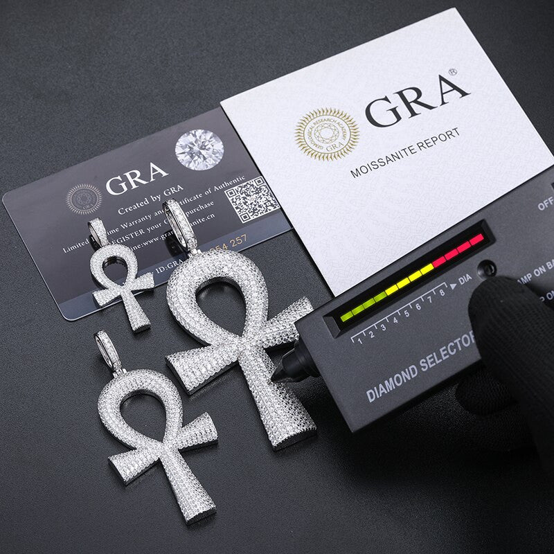 Genuine VVS Diamond Iced Blinged Out Ankh Cross 925 Silver Pendant Chain