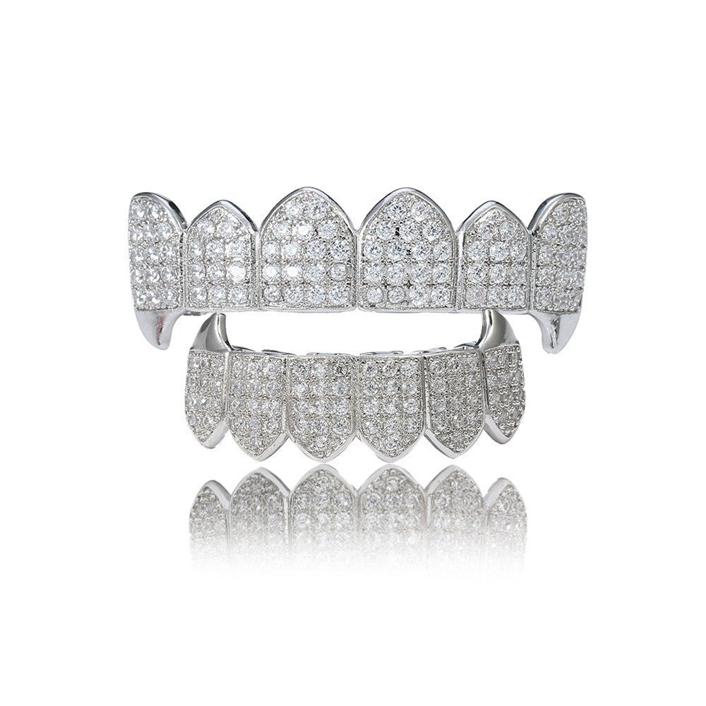 Iced Out Fang Teeth Grillz Top Bottom Set 