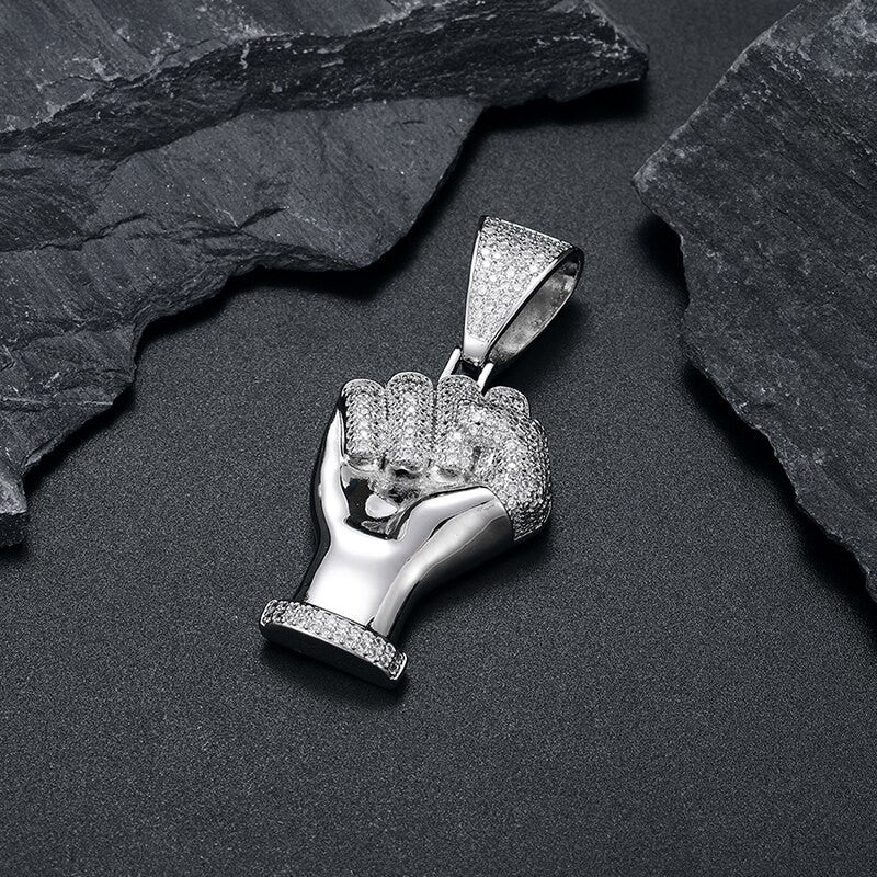 Mens Flooded Ice Black Power Fist Micro Paved Hip Hop Pendant Chain Necklace