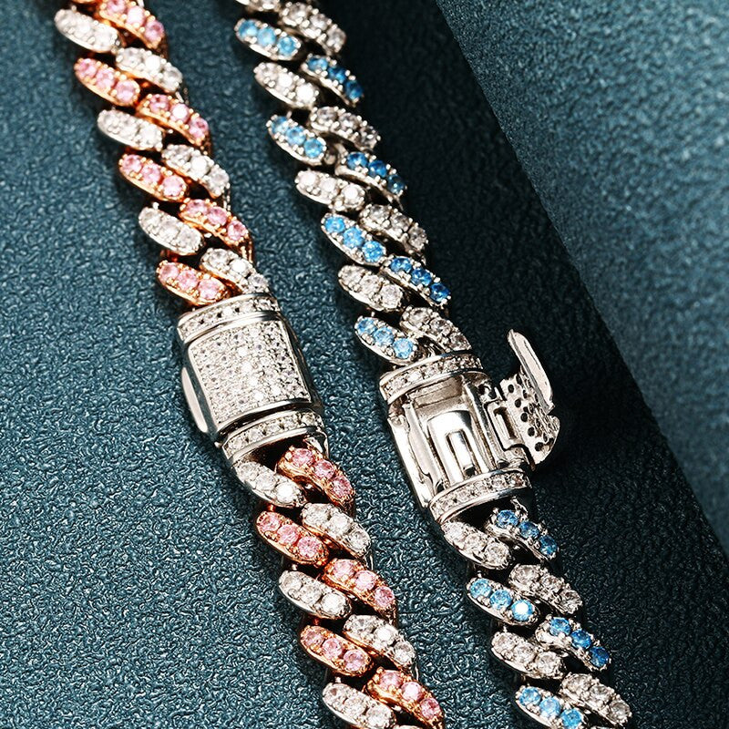 Mens 8mm Prong Set Blue Ice Miami Cuban Link Hip Hop Chain Necklaces