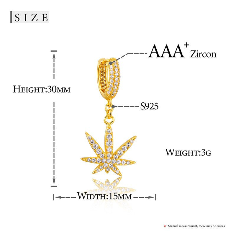 14k Gold Over Solid 925 Sterling Silver Weed Leaf Hip Hop Iced Earrings
