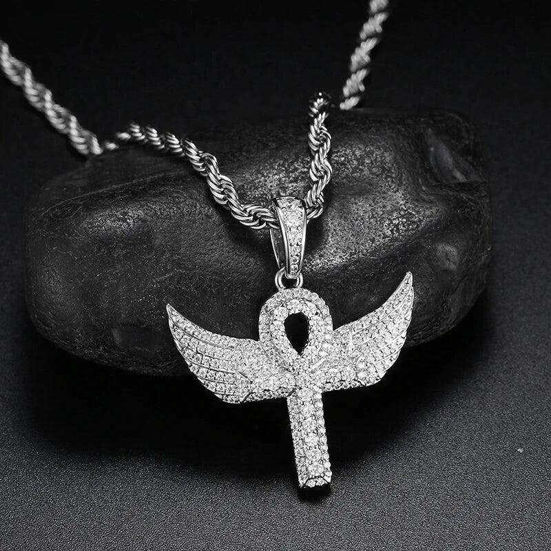 18k Gold 925 Silver Angel Wings Original Ankh Cross Hip Hop Pendant Necklace