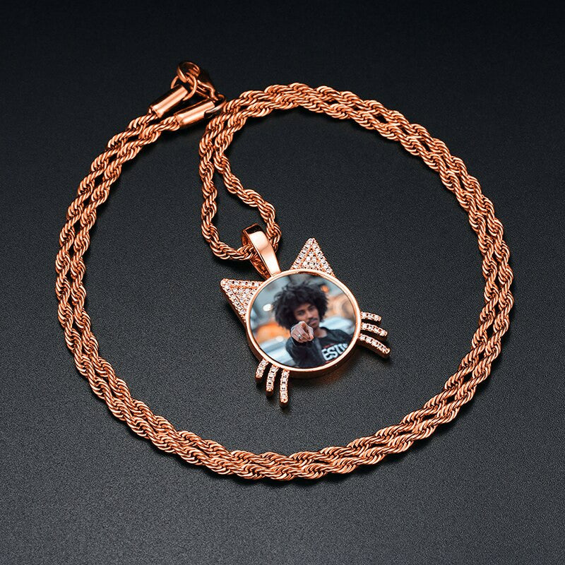 Flooded Ice My Kitty Cat Photo Picture Memory Kitten Cat Shaped Hip Hop Pendant Necklace