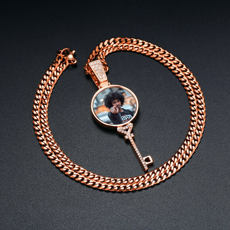 Flooded Iced Blinged Out Key to My Heart Photo Picture Pendant Chain Necklace
