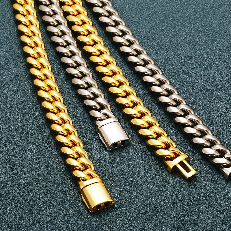 Mens 14k Gold Over Solid No Fade 316L Stainless Steel Hip Hop Cuban Link Bracelet