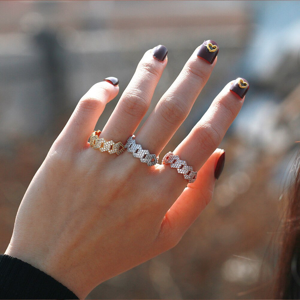 Ladies 18k 925 Silver Rose Gold Cuban Link Design Street Wear Iced Bling Rings