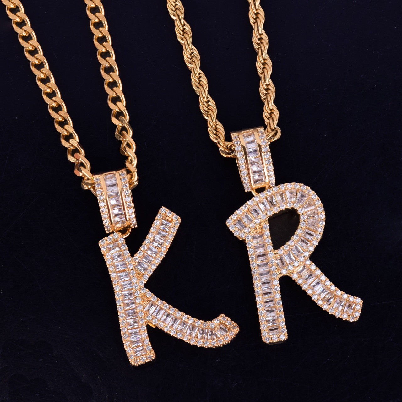 AAA True Micro Pave 18k Rose Gold .925 Silver Baguette Initials Letters Hip Hop Pendant Chain Necklace