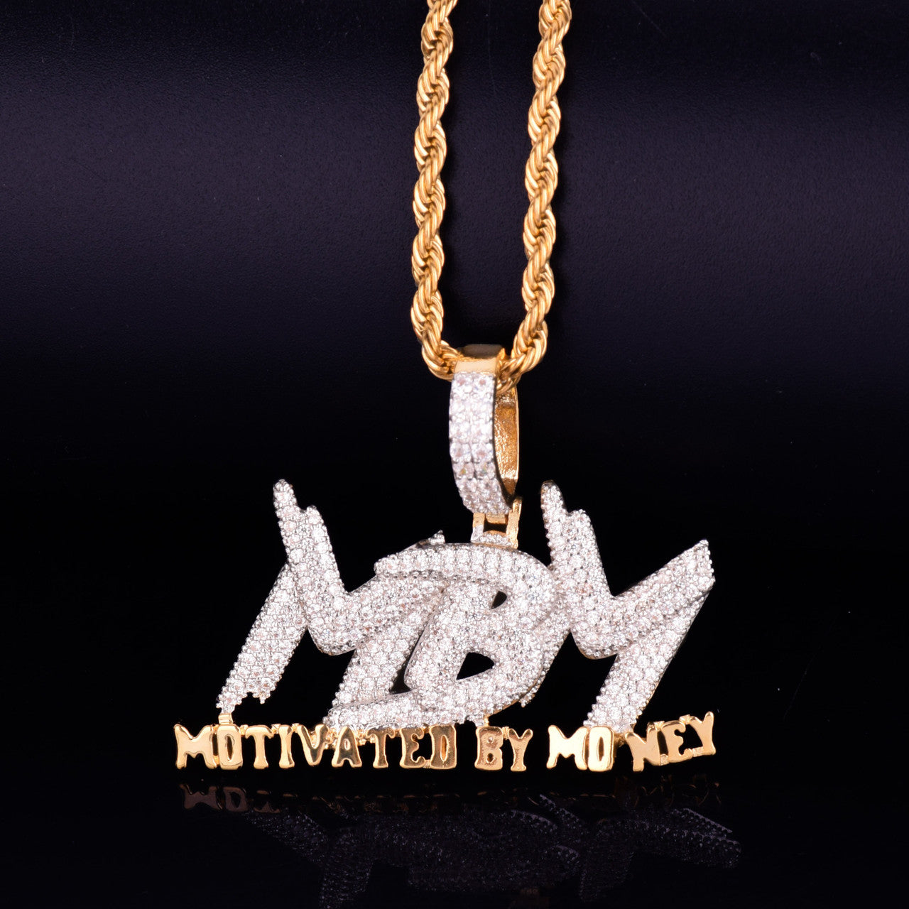 AAA True Micro Pave Motivated By Money Flooded Ice MBM 18k Gold Pendant Chain