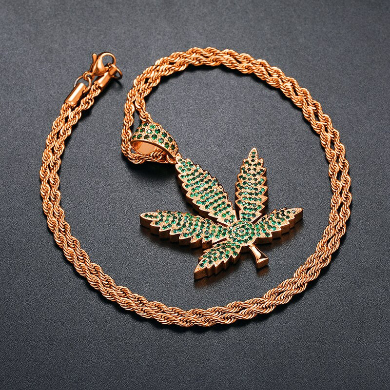 Flooded Ice Green Colorful Stone Iced Blinged Out Weed Leaf Hip Hop Pendant Chain Necklace