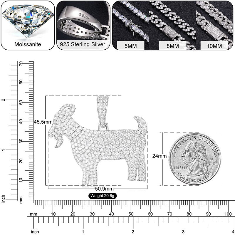 Blinged Out Solid 925 Silver Genuine VVS Moissanite Diamond Goat Hip Hop Chain Pendant