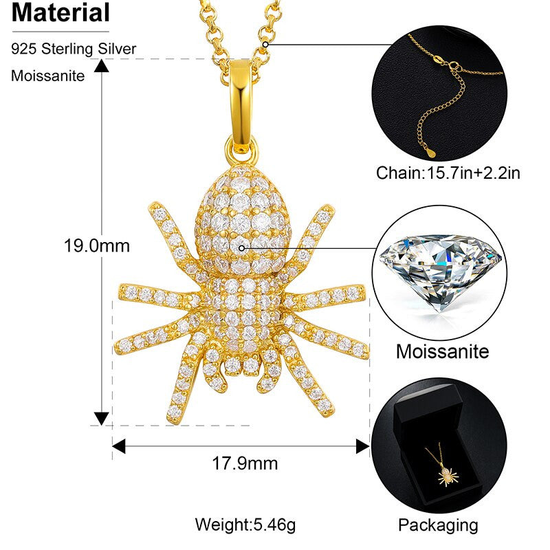 Solid 925 Sterling Silver Genuine VVS Diamond Spider Hip Hop Casual Pendant