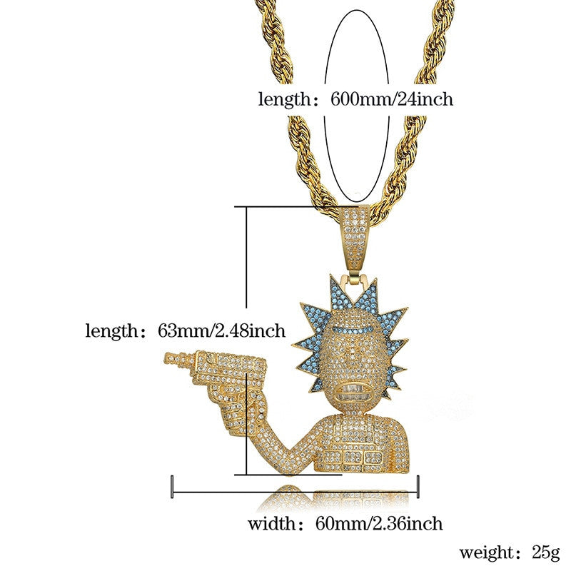 Iced AAA True Micro Pave  Gold Silver Morty Hip Hop Pendant Chain Necklace