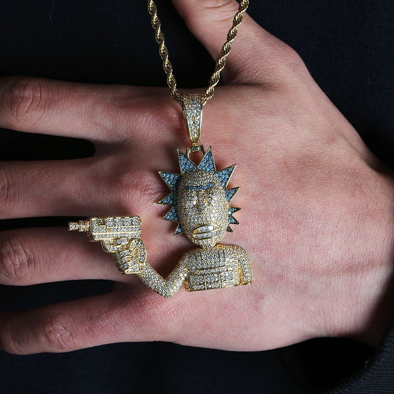 Iced AAA True Micro Pave  Gold Silver Morty Hip Hop Pendant Chain Necklace