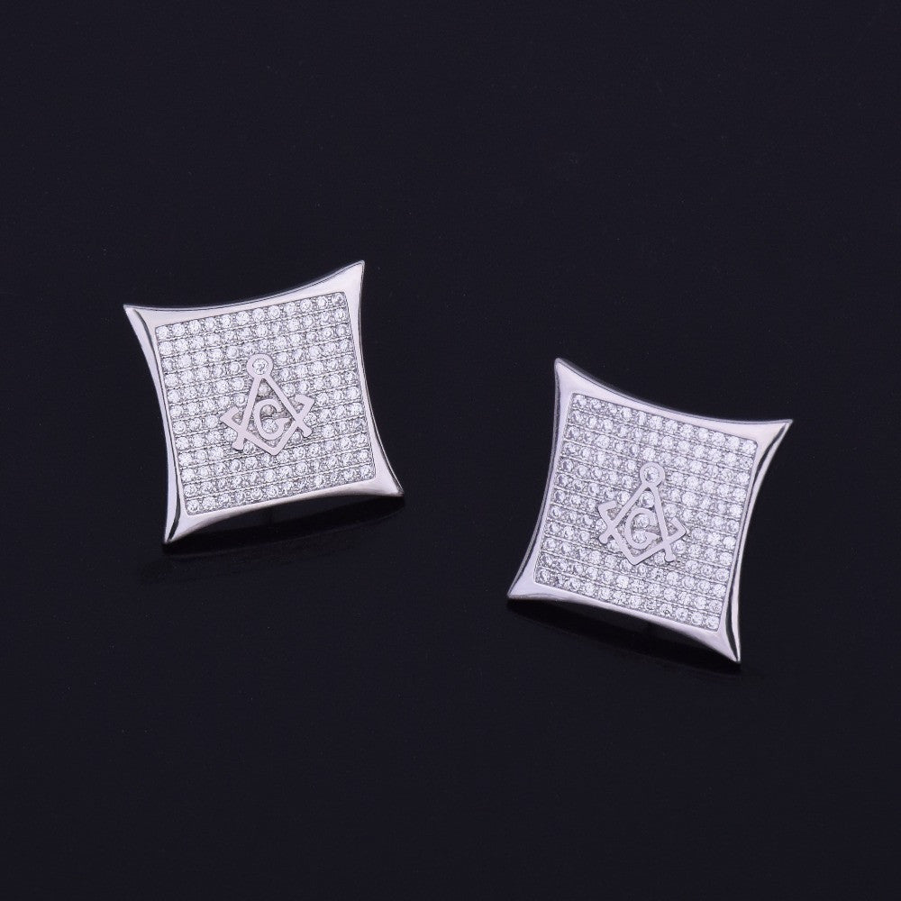 FreeMason | Flooded Ice Square Masonic 18k Gold 925 Silver Hip Hop Earrings