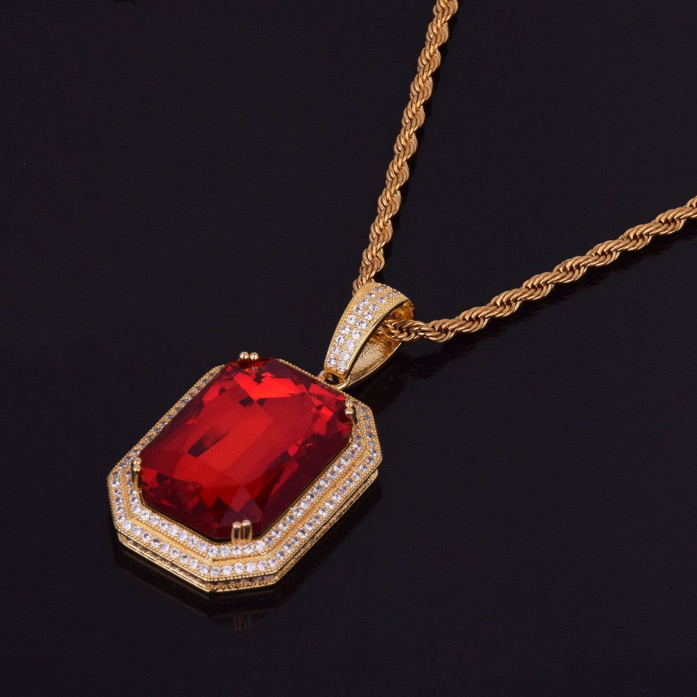 Flooded Ice Ruby Red Gemstone Hip Hop Pendant With 4mm Tennis Chain Necklace