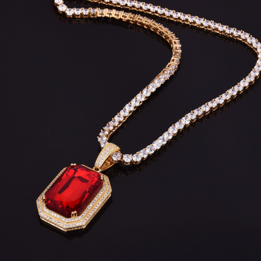 Flooded Ice Ruby Red Gemstone Hip Hop Pendant With 4mm Tennis Chain Necklace