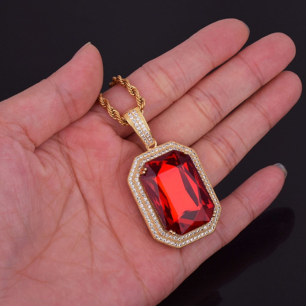 Flooded Ice Ruby Red Gemstone Hip Hop Pendant With 4mm Tennis Chain Necklace