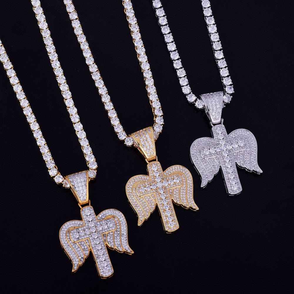 18k Gold Angel Wings Cross Pendant