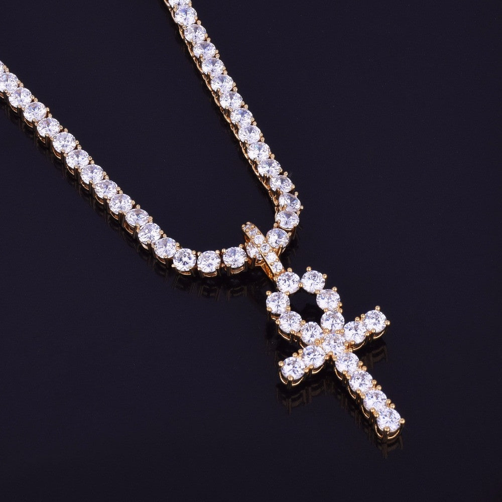22k Gold .925 Silver Ankh Cross AAA Handset Micro Pave Tennis Chain Pendant