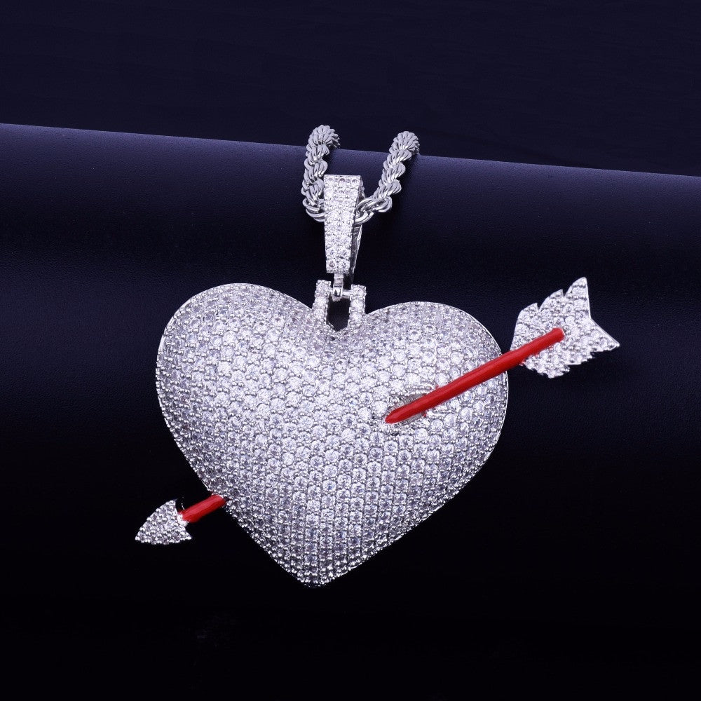 .925 Sterling Silver AAA Micro Pave Arrow Heart Pendant