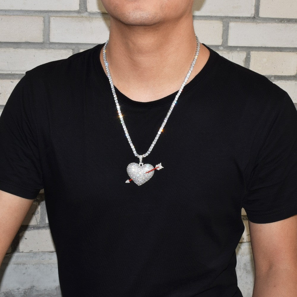 Blinged Out .925 Silver 18k Rose Gold Arrow Through Heart Flooded Ice Pendant Chain Necklace
