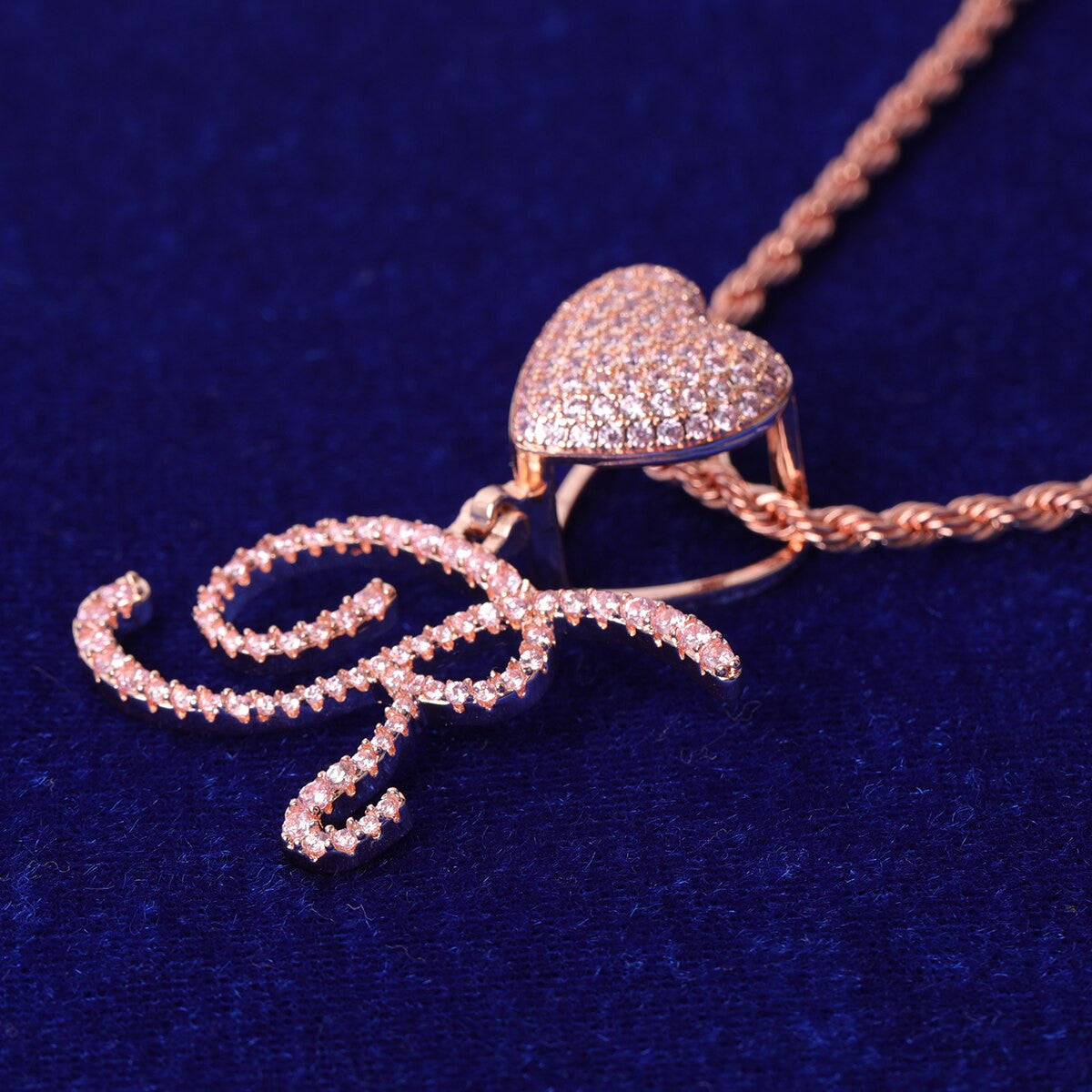 Ladies Bling Fashion Heart Custom Cursive Letter Initial Bling Necklaces