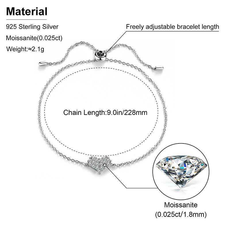 925 Solid Sterling Silver D Color VVS Diamond Adjustable Heart Chain Bracelet