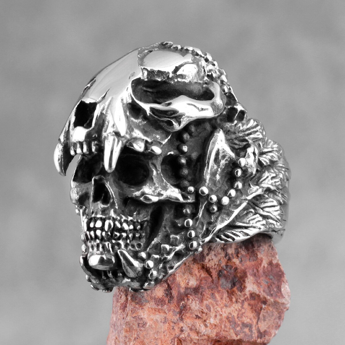 Mens No Fade Stainless Steel Jaguar Warrior Skull Vintage Street Wear Rings