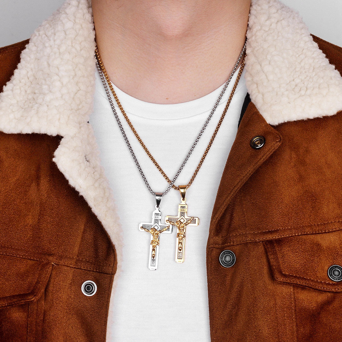 Mens INRI 14k Gold Over No Fade Stainless Steel Spiritual Cross Pendant Chain Necklace