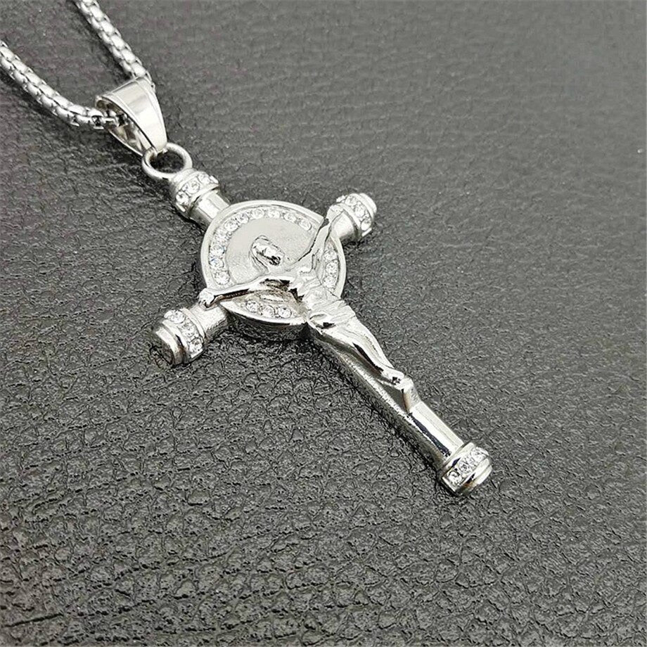 14k Gold Silver Over No Fade Stainless Steel Hip Hop Jesus Cross Pendant Chain Necklace