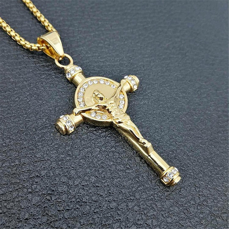 14k Gold Silver Over No Fade Stainless Steel Hip Hop Jesus Cross Pendant Chain Necklace