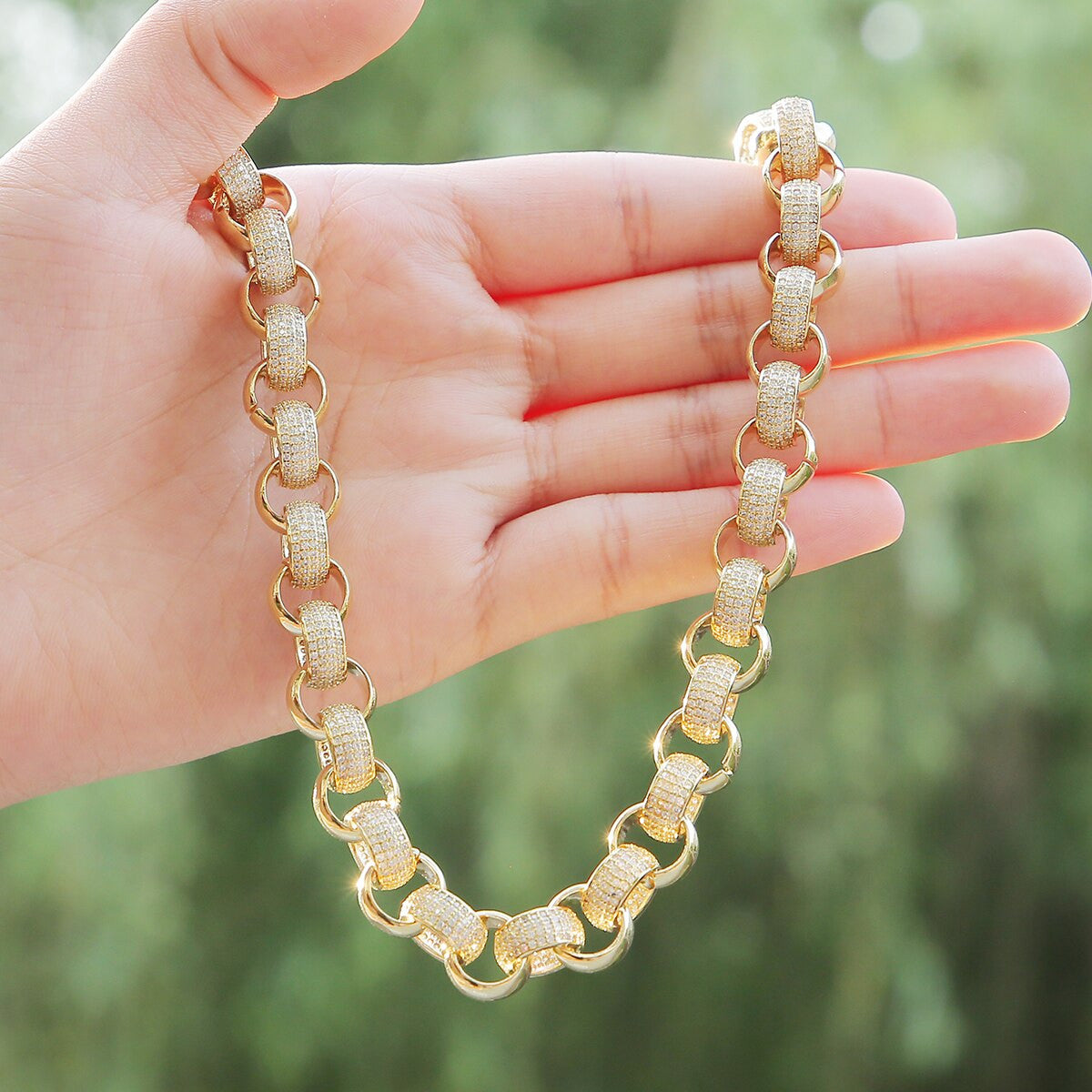 Flooded Ice 18k Gold .925 Silver 10mm Open Rolo Link Hip Hop Jewelry Chain Bracelet Set