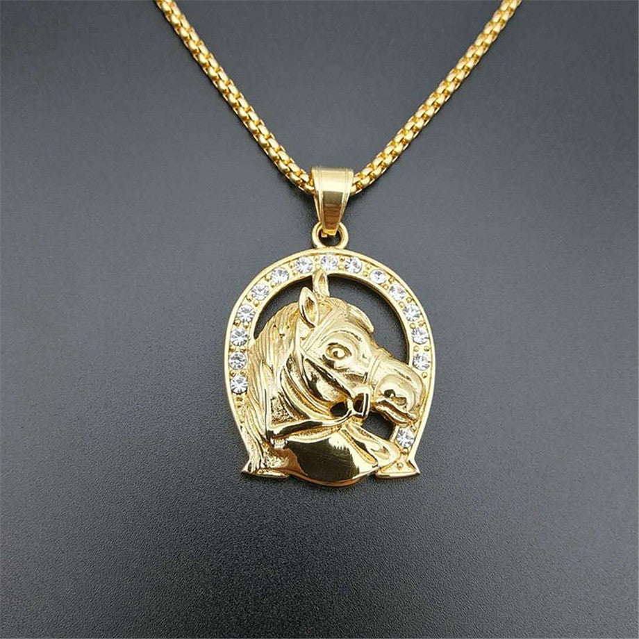 Lucky Horseshoe Horse 18k Gold Stainless Steel No Fade Pendant Chain Necklace
