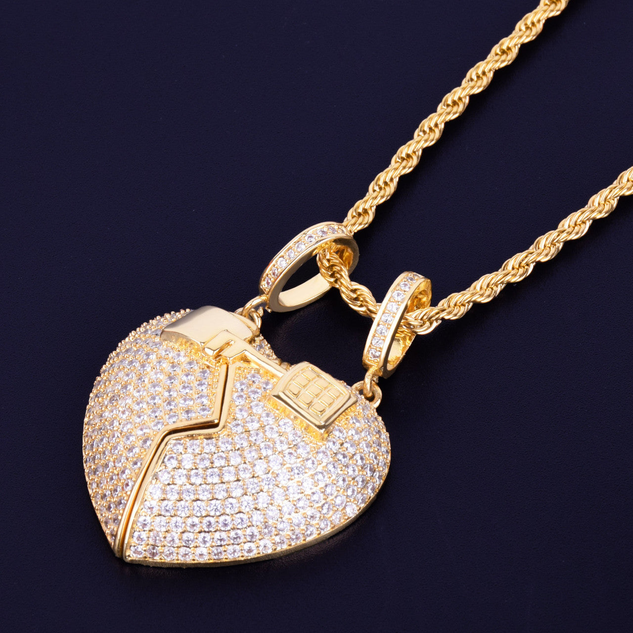 3A Flooded Ice Key To My Heart Lock Double Pendant Hip Hop Chain Necklace