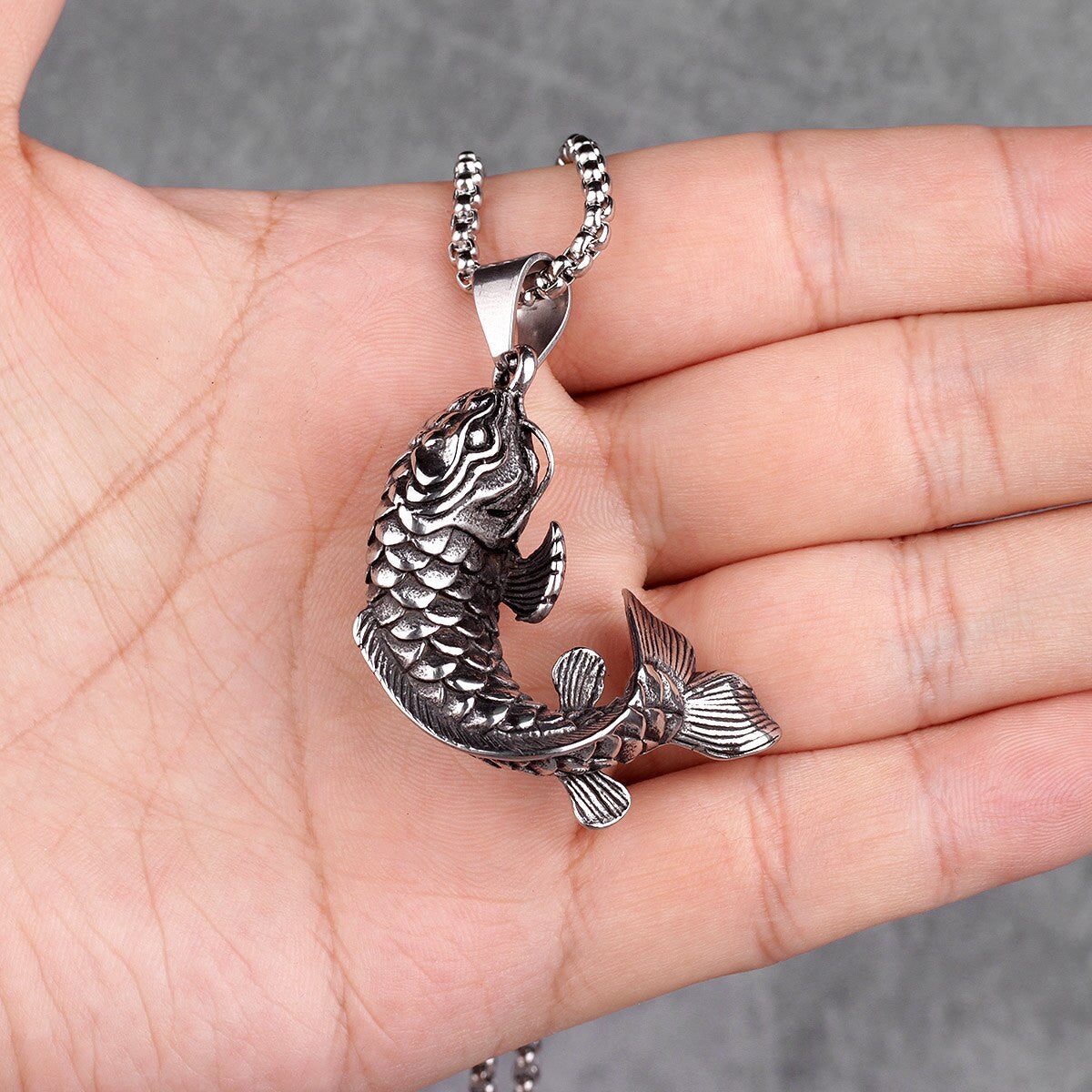 Mens Good Luck No Fade Stainless Steel Koi Fish Pendant Chain Necklace