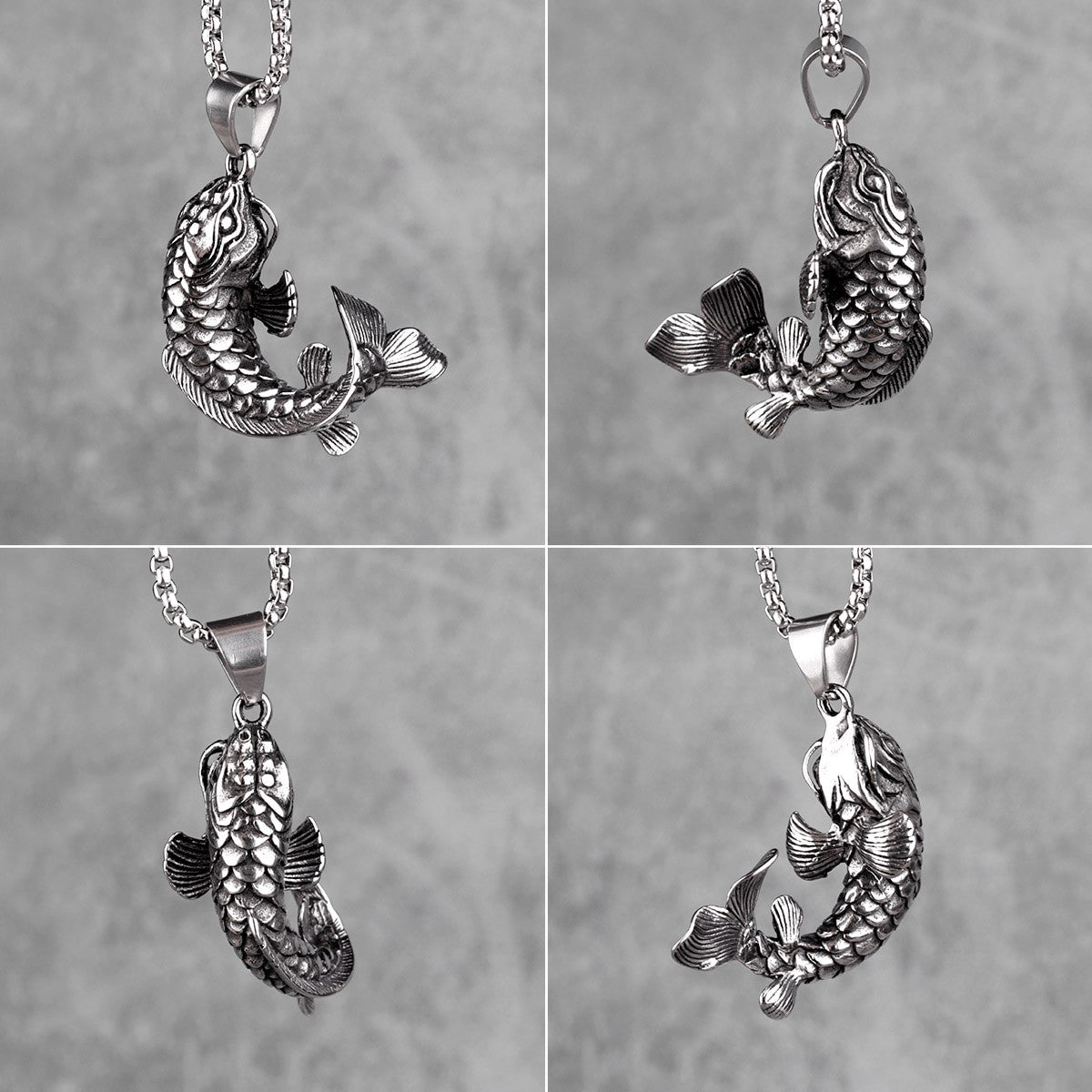 Mens Good Luck No Fade Stainless Steel Koi Fish Pendant Chain Necklace