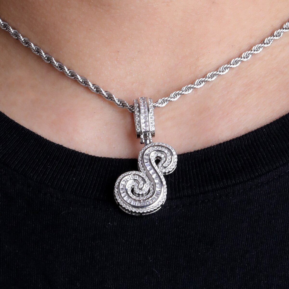 Street Melody | White Yellow Gold Iced Cursive Initial Letter Baguette Pendant Chain