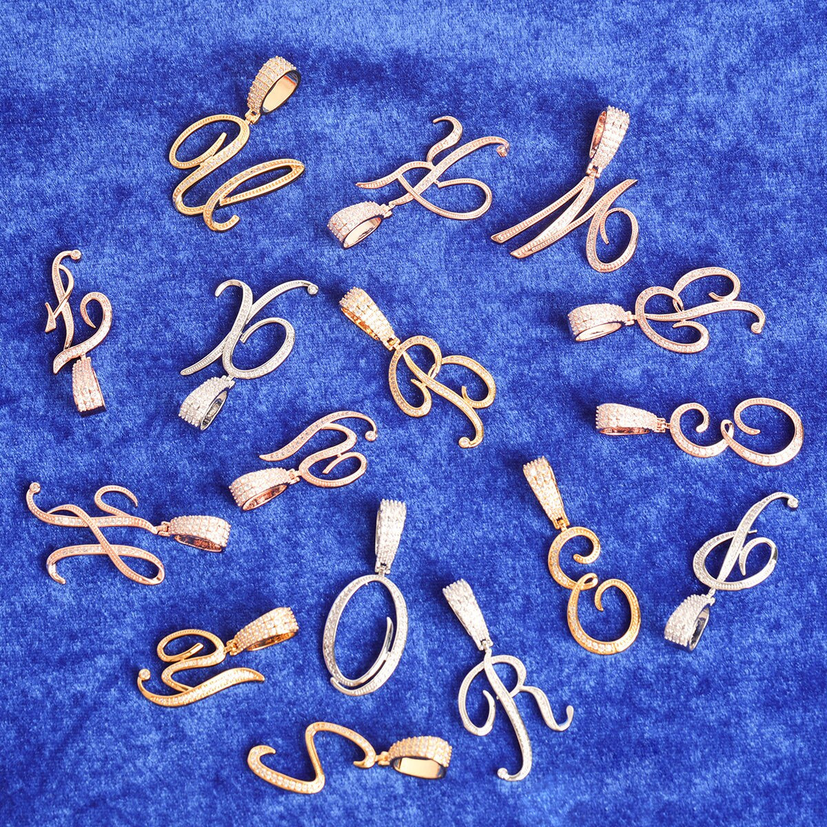 24k Gold .925 Silver 5A Simulate Diamond Cursive Letter Bling Bling Chain Necklace