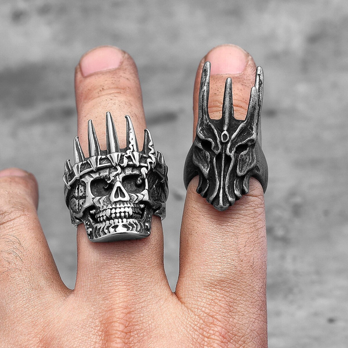 Ice Crown Stainless Steel Mens No Fade Lich King Skull Mask Rings