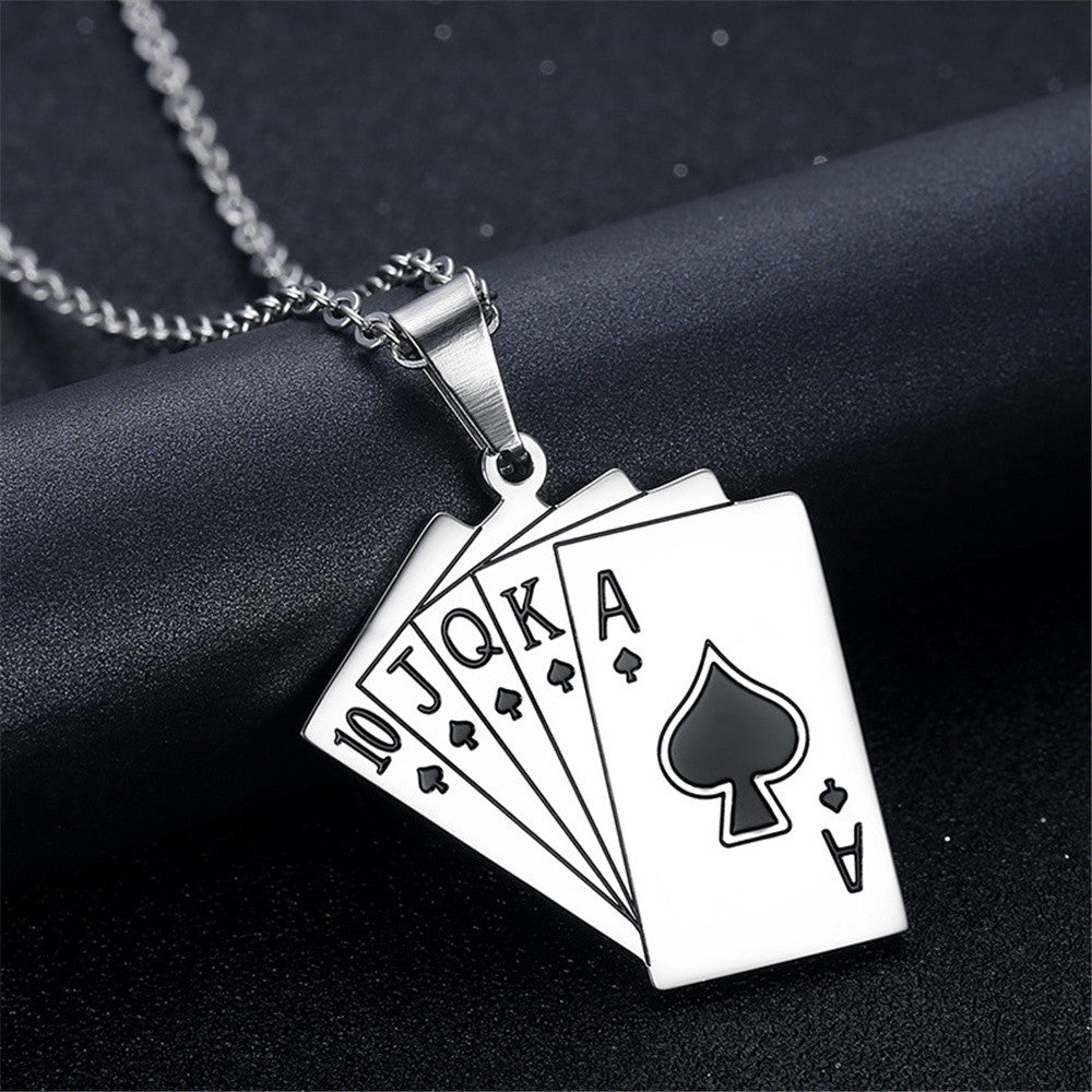 Card Hustler Poker Lucky Flush Gold Silver over No Fade Stainless Steel Pendant Chain