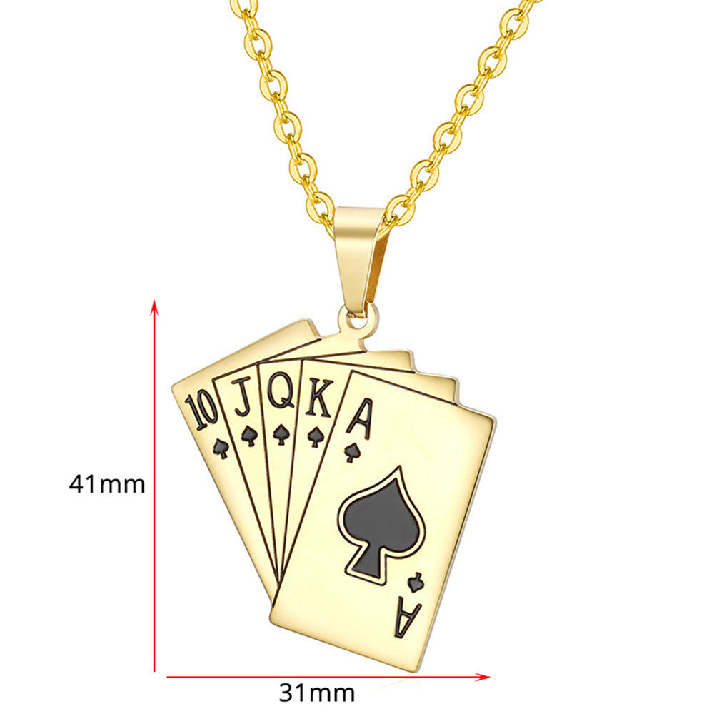 Card Hustler Poker Lucky Flush Gold Silver over No Fade Stainless Steel Pendant Chain