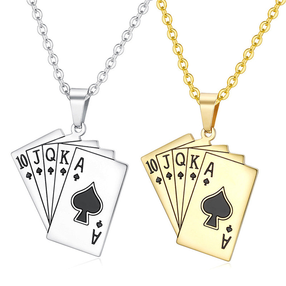Card Hustler Poker Lucky Flush Gold Silver over No Fade Stainless Steel Pendant Chain