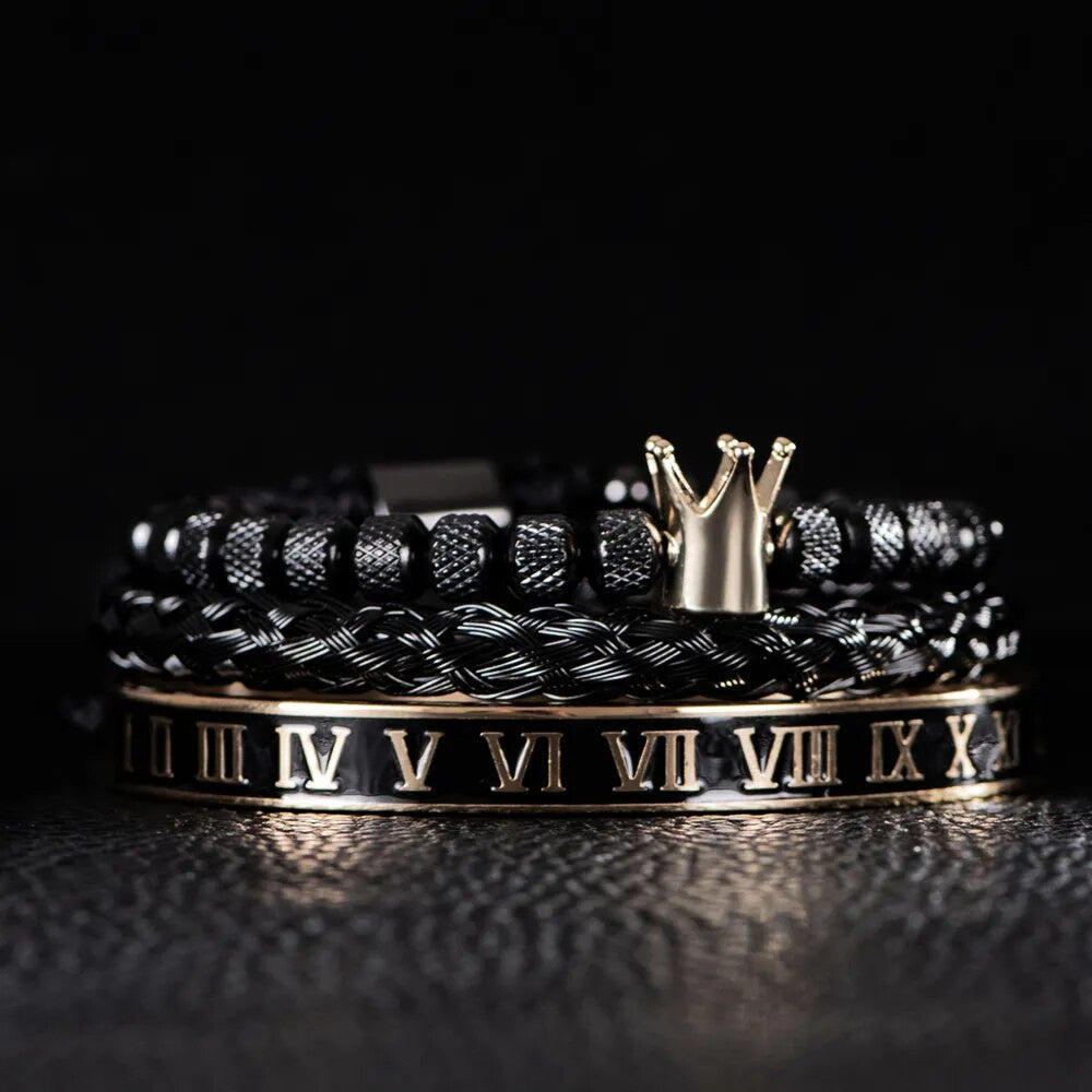Men&#39;s Stainless Steel Royal Crown 3 Piece Set Luxury Hip Hop Bracelets