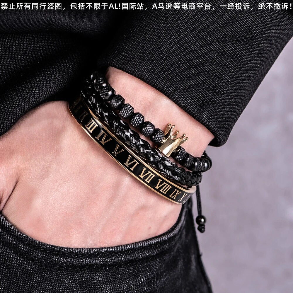 Men's Stainless Steel Royal Crown No Fade 3 Piece Set Luxury Hip Hop Bracelets
