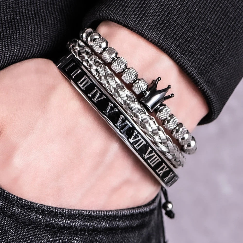 Men's Stainless Steel Royal Crown No Fade 3 Piece Set Luxury Hip Hop Bracelets