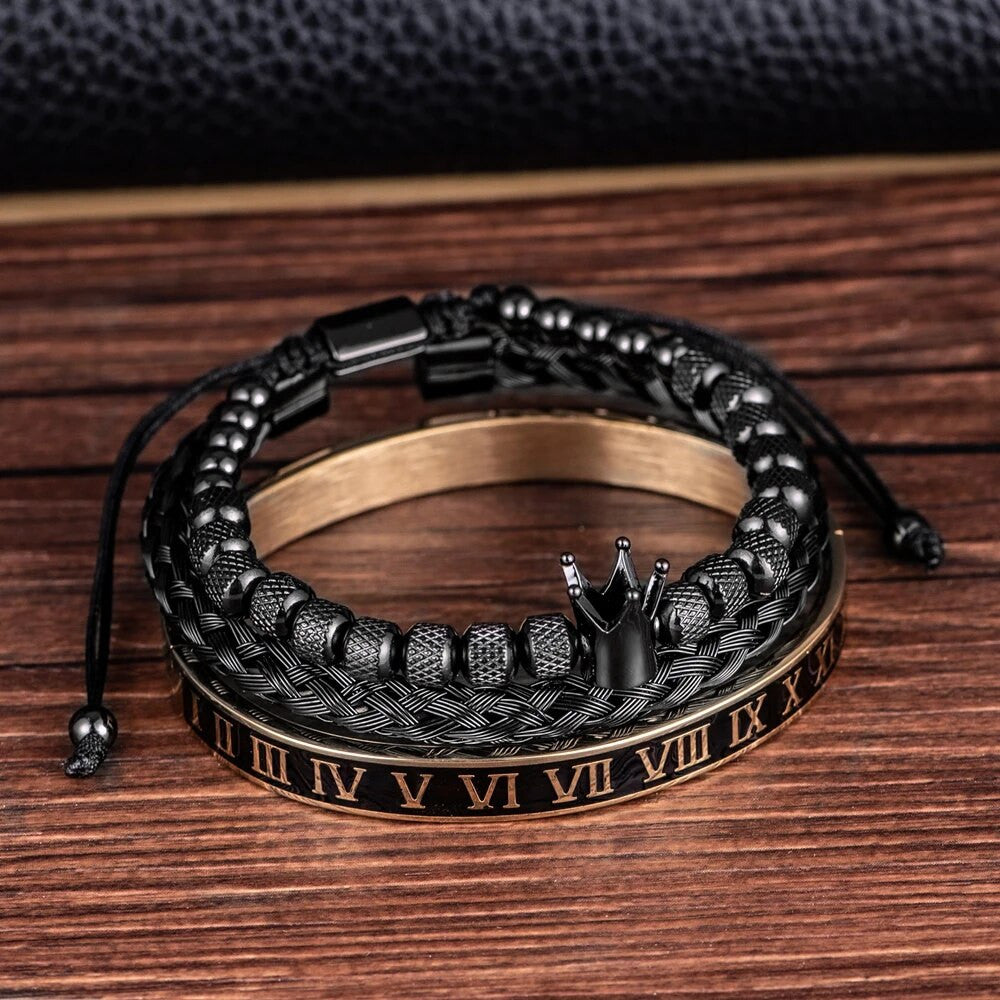 Men&#39;s Stainless Steel Royal Crown No Fade 3 Piece Set Luxury Hip Hop Bracelets