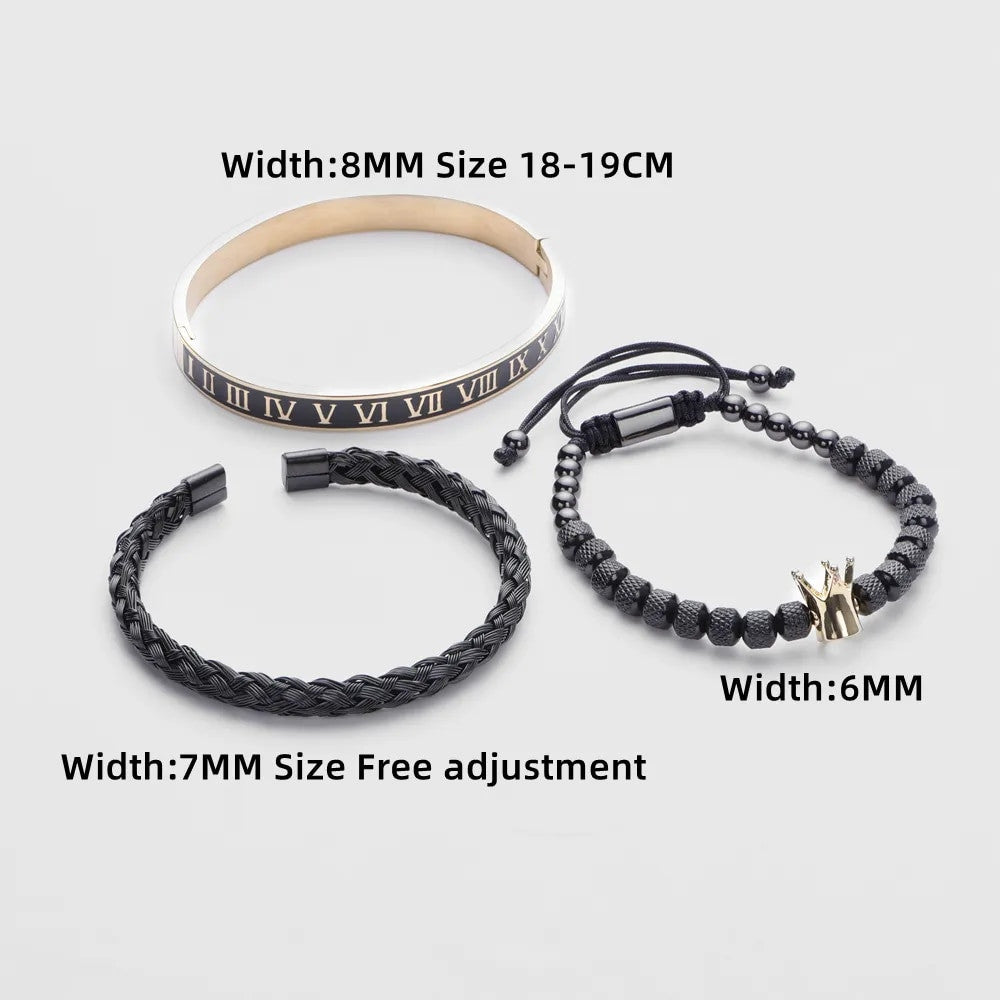 Men's Stainless Steel Royal Crown No Fade 3 Piece Set Luxury Hip Hop Bracelets