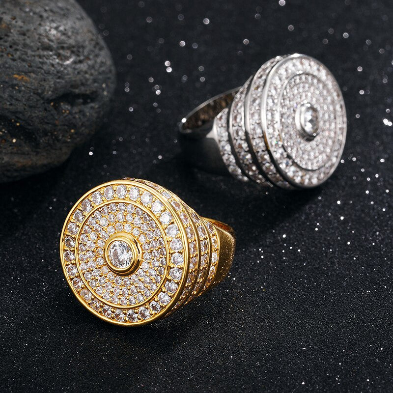 Mens Iced Disc Luxury Hip Hop 18k Gold 925 Silver Bling Flooded Ice Rings