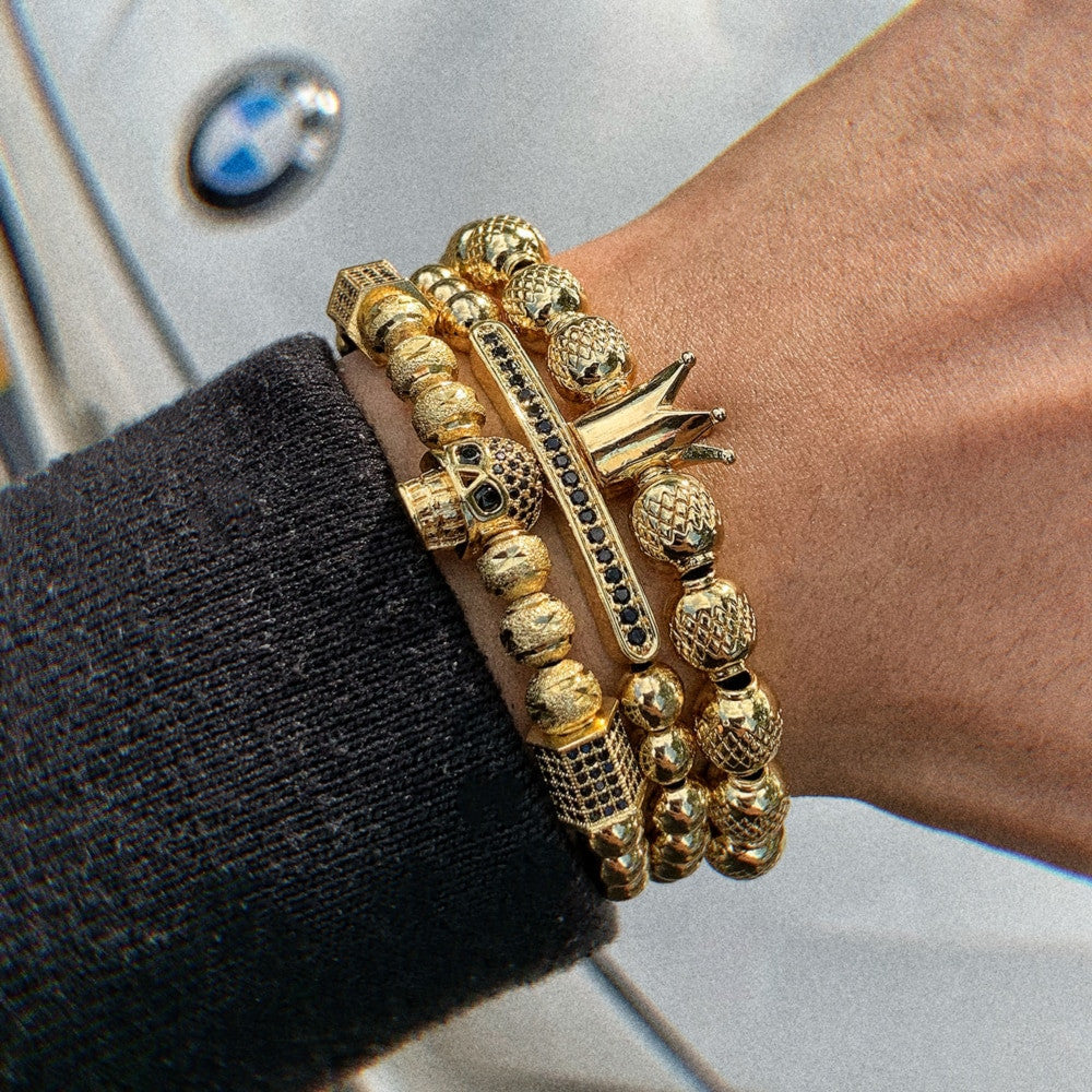 Mens Simulate Diamond Pave Stone Gold Ice Skull Crown Beaded Luxury Bracelets