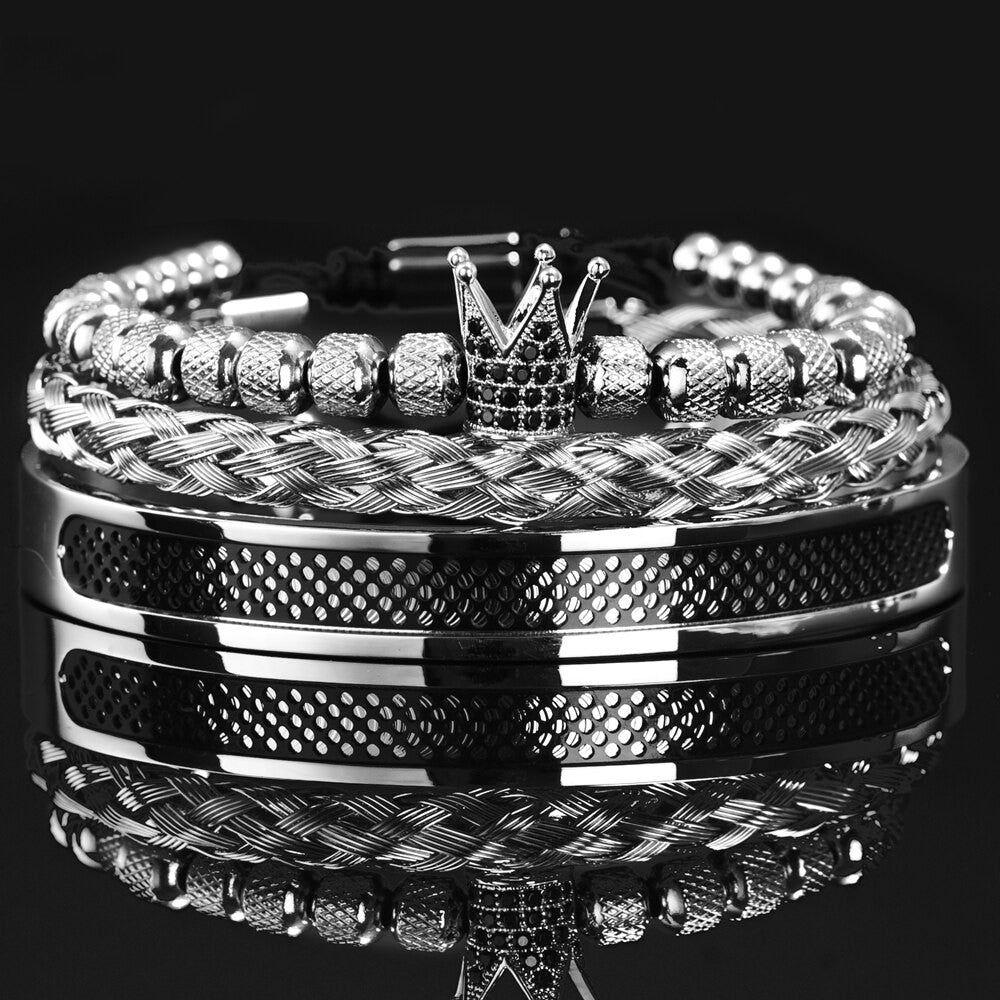 Mens No Fade Stainless Steel 3 Piece Luxury Braided Beaded 316L Bracelet Set